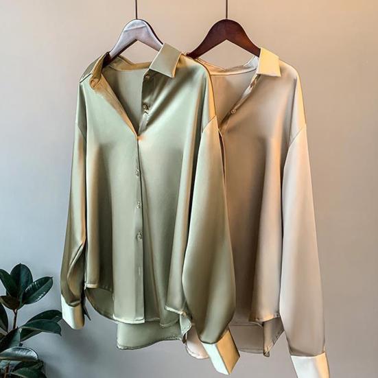 Женская рубашка с лацканами, длинный рукав, однобортная рубашка, однотонная, гладкая, атласная, свободного кроя, повседневная рубашка