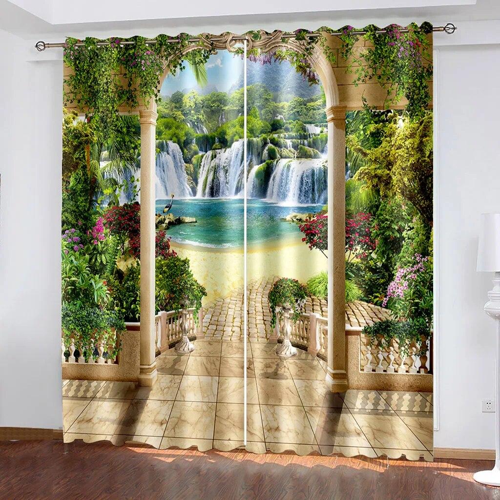 3D Nature Landscape Blue Sand Beach Sea Palm Leaves Shading Polyester Window Curtains For Bedroom Living Room Home Decor Hook