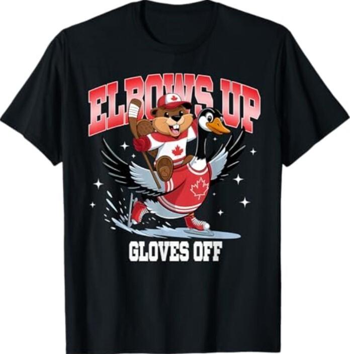 Elbows Up Gloves Off Funny Hockey Canada Flag T-Shirt