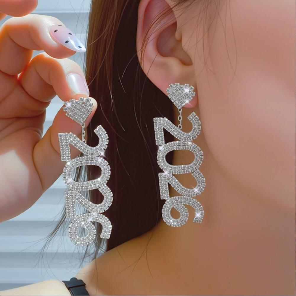 Vintage Aesthetic 2026 Stud Earrings Crystal Jewelry Rhinestone New Year Earrings Shiny Long Drop Rhinestone Earrings Girls