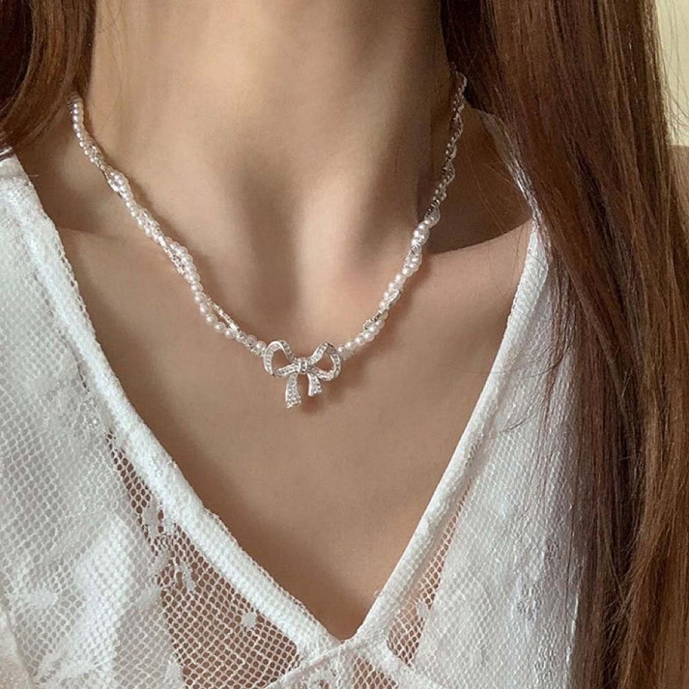 Pearl Silver Bowknot Necklace Pendant Simple Pendant Chain Temperament Bow Necklace Pendant Daily