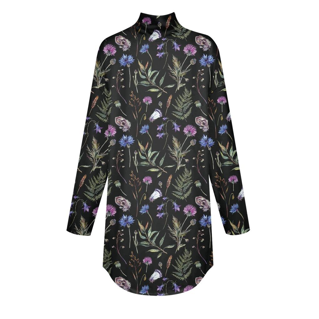 Женская свободная футболка с высоким воротом и длинными рукавами с цветочным принтом в стиле ретро, топ-пуловер