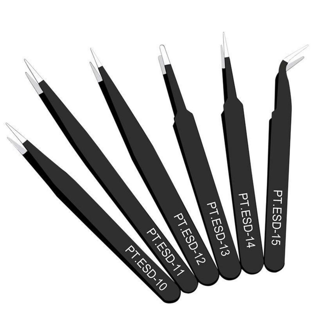 6pcs Anti-static ESD Stainless Steel Tweezers Maintenance Tools Industrial Precision Curved Straight Repair