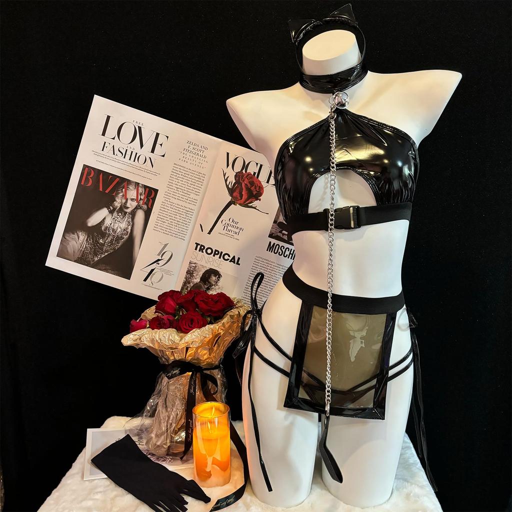 Косплей Сексуальная Кошка Горничная Безгрудая SM ПУ Кожа Ограничение Тренировка Соблазн Экстрим Маленькая Грудь Смелый Бодикон Костюм Моэ Моэ Повязка на Голову Топы Стринги