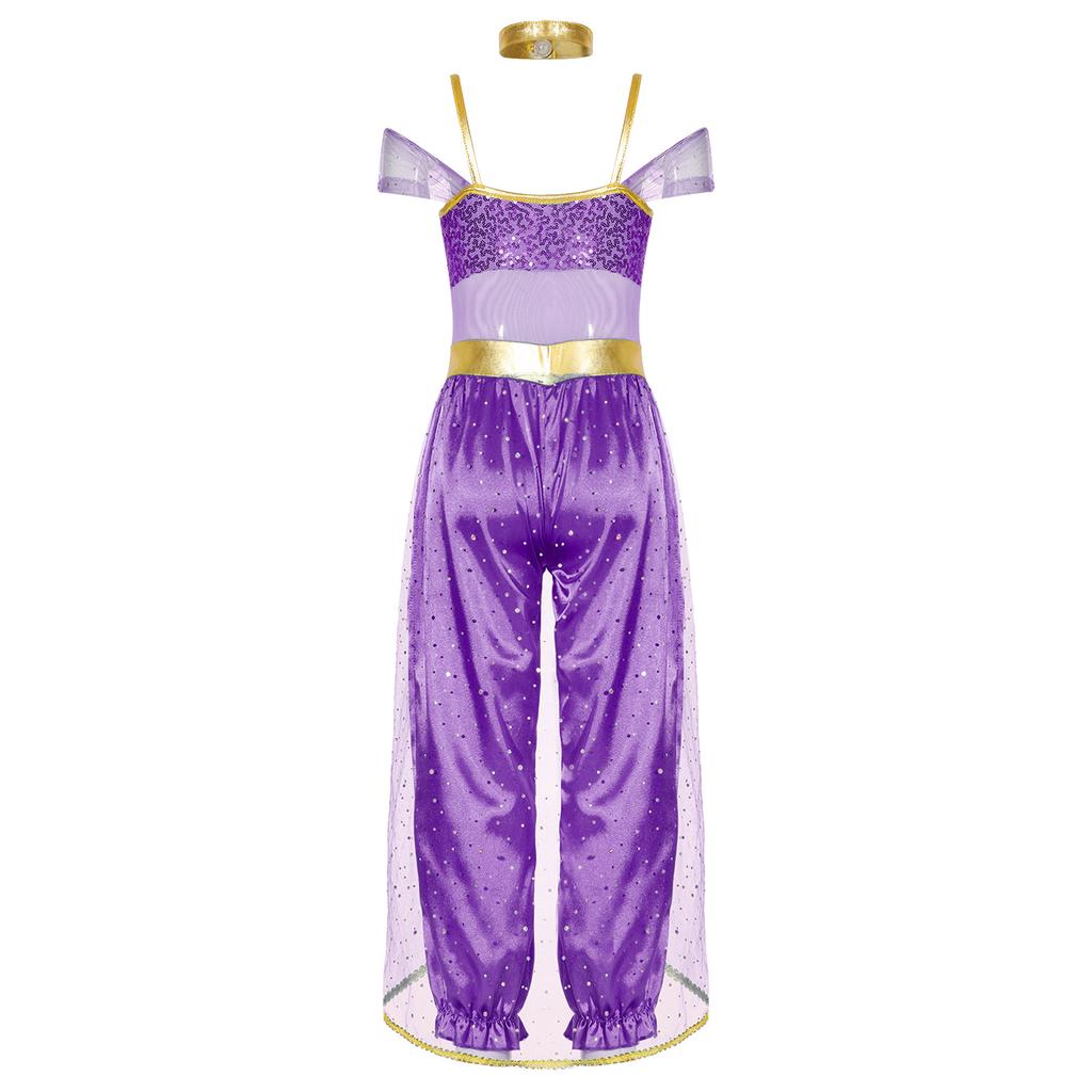 Костюм принцессы из Аравии для косплея для девочек, без рукавов, с блестящими пайетками, пэчворк из драгоценных камней, длинный комбинезон-боди, чокер, для танцевального выступления