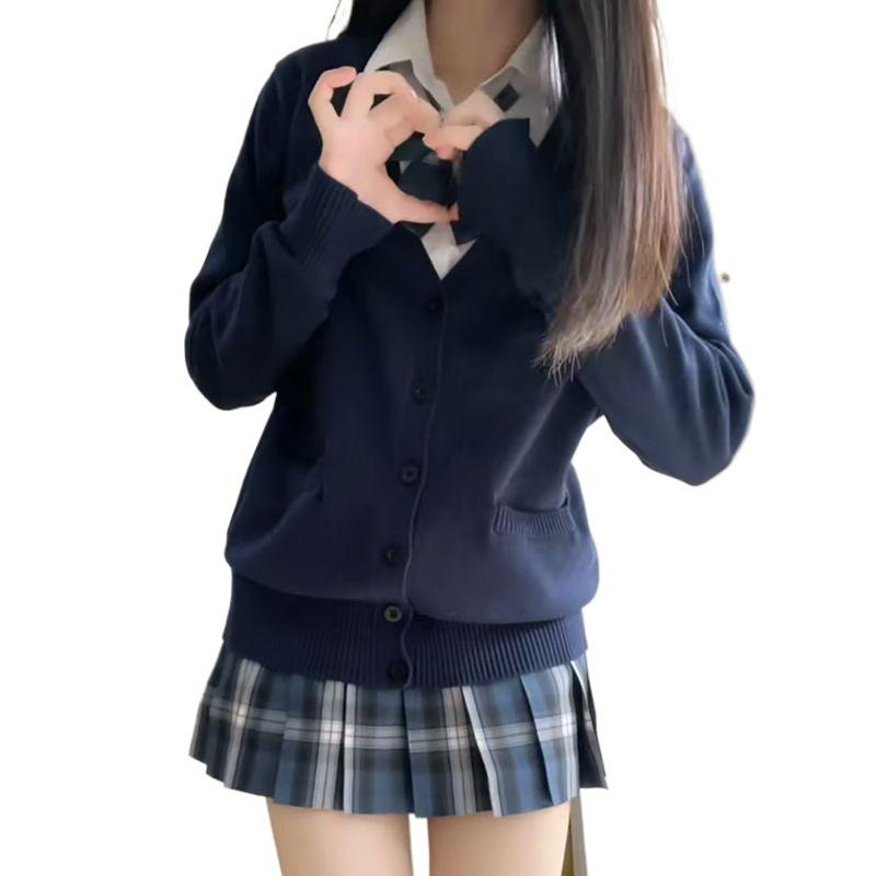 Navy Blue Japanese School Style Women's Cardigan Sweater for Autumn & Winter