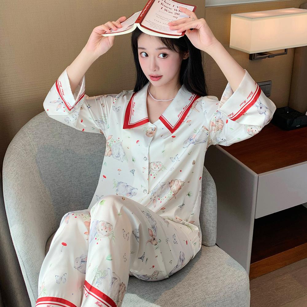 Factory goods 1011 spring new pajamas women's ice silk a Douyin flower city secret land loungewear set