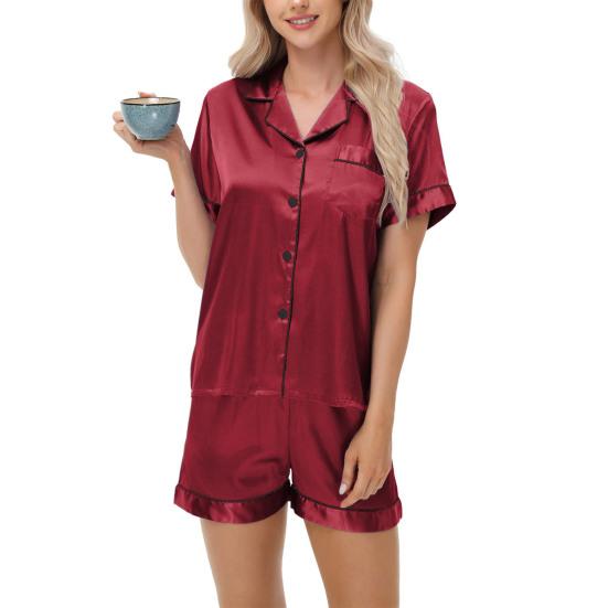 2 Pcs/Set Pajamas Suit Satin Single-breasted Cardigan Shirt V Neck Notch Collar Solid Color Shirt