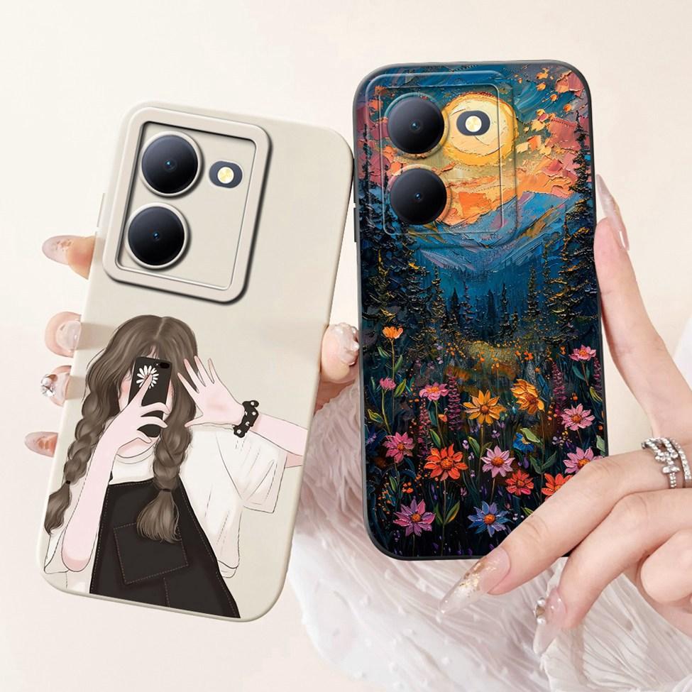 For Vivo Y36 5G V2248 Case For Vivo Y27 5G V2302 Cover Silicone Luxury Fashion Flowers Kawaii Cute Cat Funny Phone Case Bumper