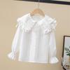 Girls' White Cotton Long Sleeve Shirt - Turn-Down Collar, Spring/Autumn Casual Top for Middle & Big Kids