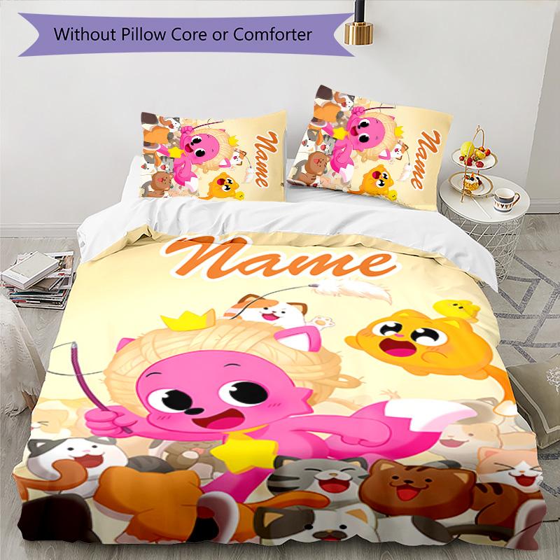 3pcs Pinkfong Shark5 Cover Set - Personalized Name, HD Printed Bedding with 1 Cover and 2 Pillowcases - Perfect for Home Decor, Easy Care