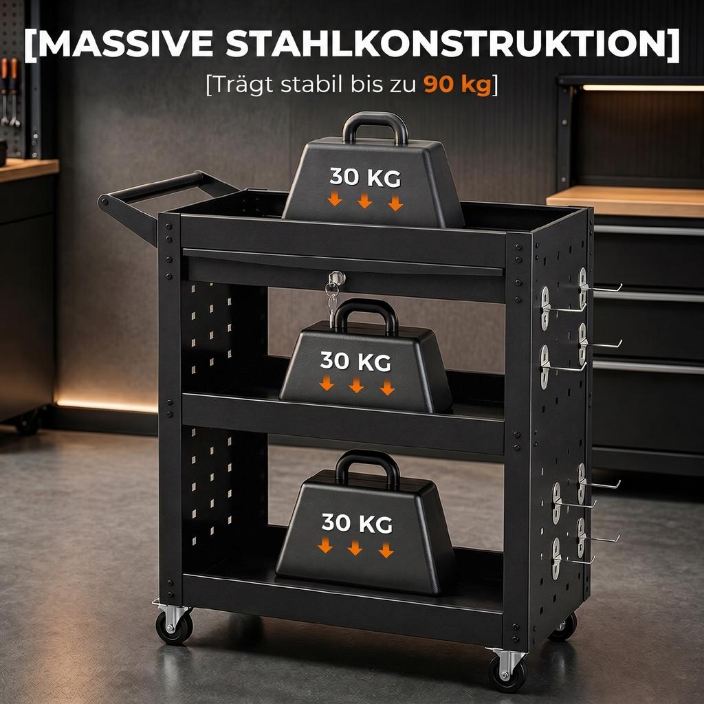 Tool Cart with Lockable Wheels, Rolling Workshop Cart with 3-Tier Trays, Drawer, Pegboards, Black