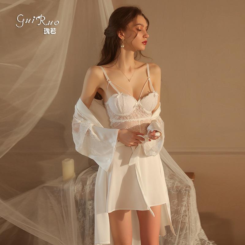 Women's Lace Underwire Push Up Padded Backless Cami Dress Lounge Set