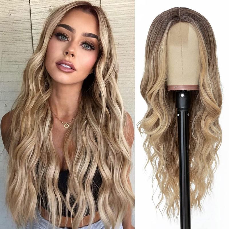 Ombre Blonde Lace Wig Middle Part Long Wavy Curly Hair Women