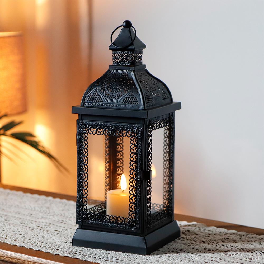 Rustic Style Metal Candle Lantern Black Candle Holder with Tempered Glass for Christmas Living Room Garden Patio Parties