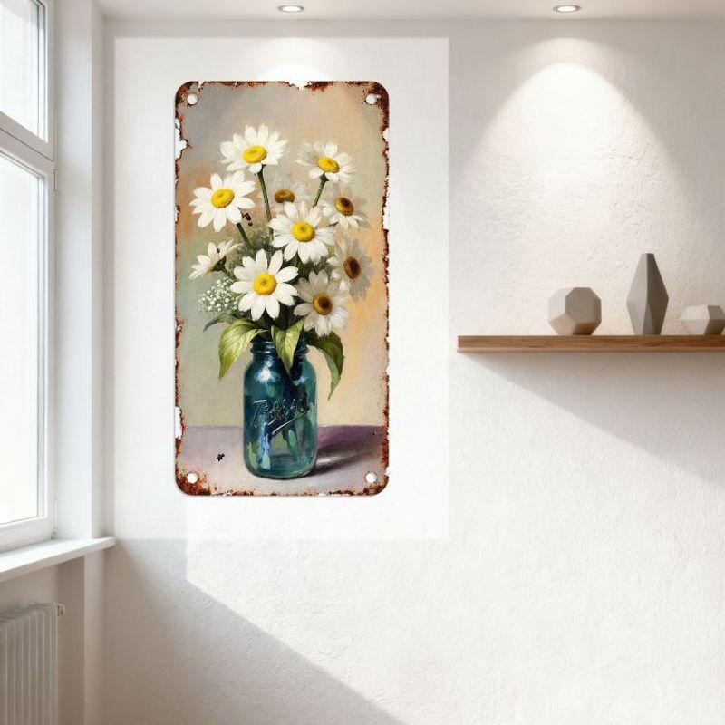 Винтажная деревенская металлическая жестяная табличка с банкой Мейсона цвета пекан и голубыми и белыми ромашками, деревенский домашний декор для кафе в деревенском стиле, бара, мужской пещеры