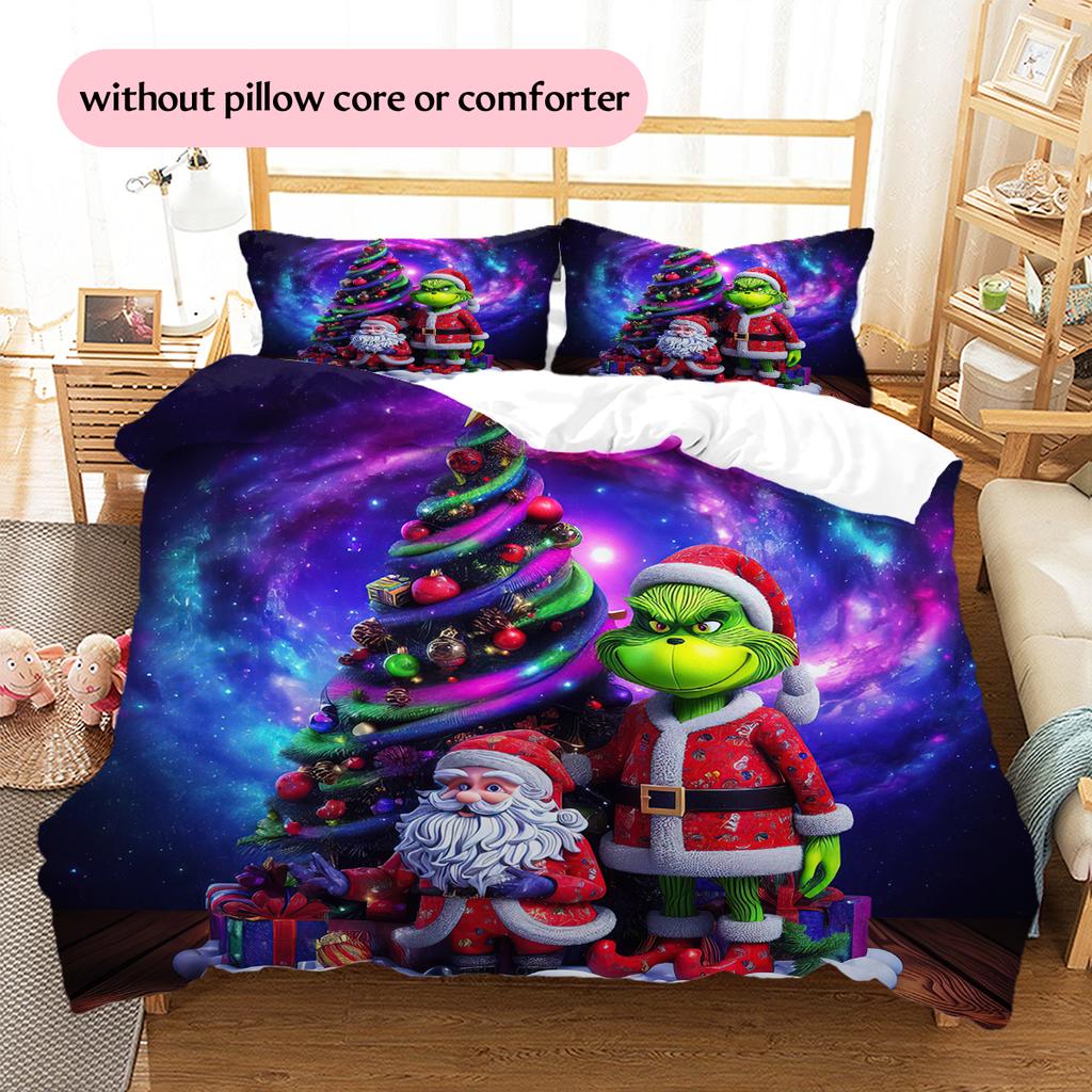 1PC Grinch pattern Bedding Quilt Set Quilt Cover Pillowcase Home Decoration Birthday Gift (1 * duvet cover + 2 * pillowcase, without core)