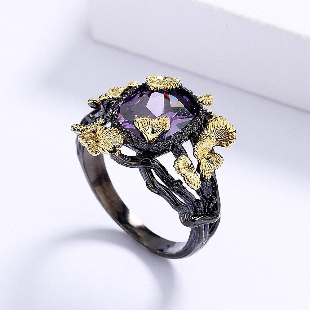 Exquisite Ring for Women Black Gold Jewelry Purple Shiny Bright Zircon Ring Butterfly Flower Ring Party Jewelry Wedding Bridal Jewelry