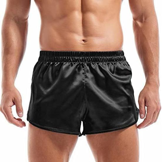 Men Shorts Elastic Waist Mid-rise Versatile Sports Shorts Sexy Side Slits Solid Shiny Satin-like Shorts Daily Wear