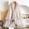 Womens Winter Faux Rabbit Fur Collar Double-layer Cashmere Cape Plus Size Knit Cardigan Coat