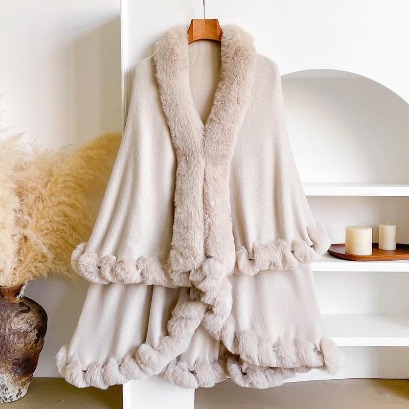 Womens Winter Faux Rabbit Fur Collar Double-layer Cashmere Cape Plus Size Knit Cardigan Coat