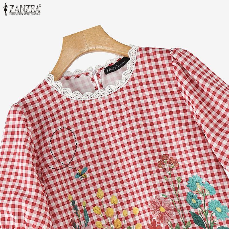 ZANZEA Женская повседневная блузка в клетку с круглым вырезом и коротким рукавом