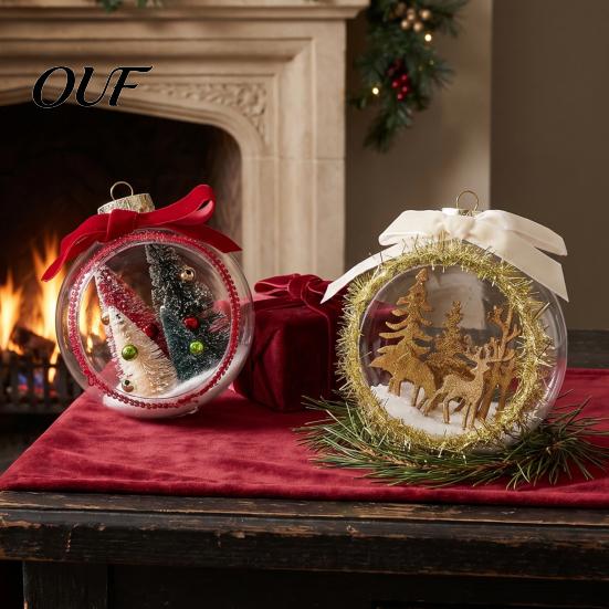 Winter Fairy Tale Hanging Decor Opening Christmas Ball Ornament with Bow, Tree Reindeer Snow Scene Micro Landscape Inside Clear Ball, Xmas Sphere