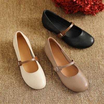 Модная новая весенне-летняя обувь Мэри Джейн, туфли из натуральной кожи для женщин, модные туфли-лодочки с круглым носком и неглубоким вырезом, на толстом каблуке, бежевые