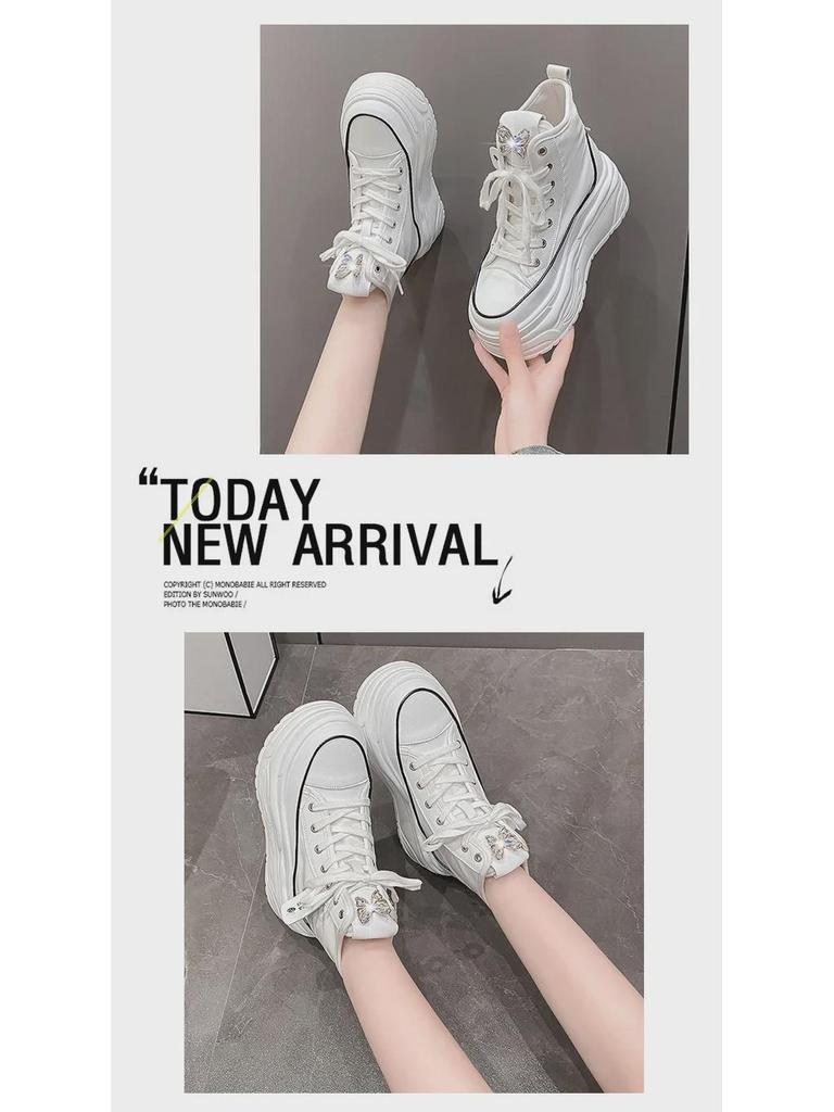 Осень 2024 г. Женские высокие повседневные кроссовки на толстой подошве, визуально увеличивающие рост, с круглыми носами для уличного стиля.