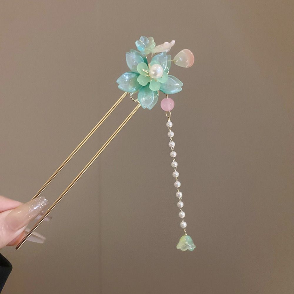 Exquisite Flowers Pearl Tassel Hairpin Fashion Flower Headdress Ancient Style Hair Stick  Hanfu