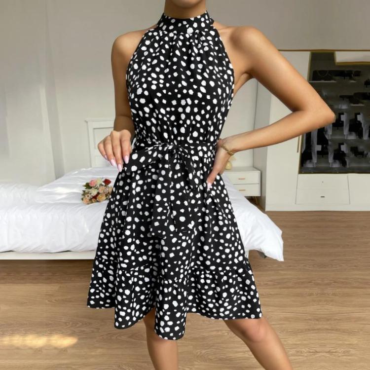 Женское осенне-зимнее мини-платье без рукавов на бретелях, повседневное, в горошек, с высокой талией, А-силуэта, с оборками