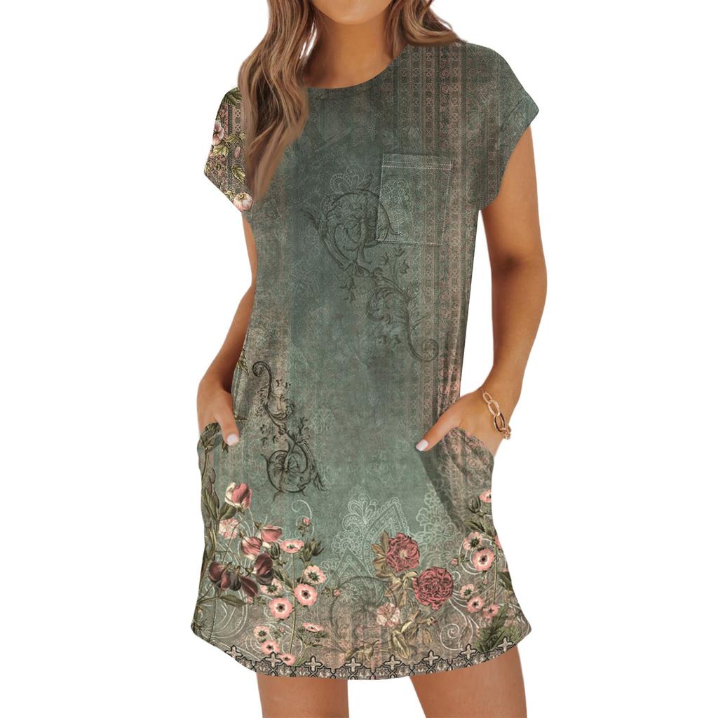 Женская мода повседневная летняя винтажная цветочная печать короткий рукав круглый вырез свободное платье с карманами