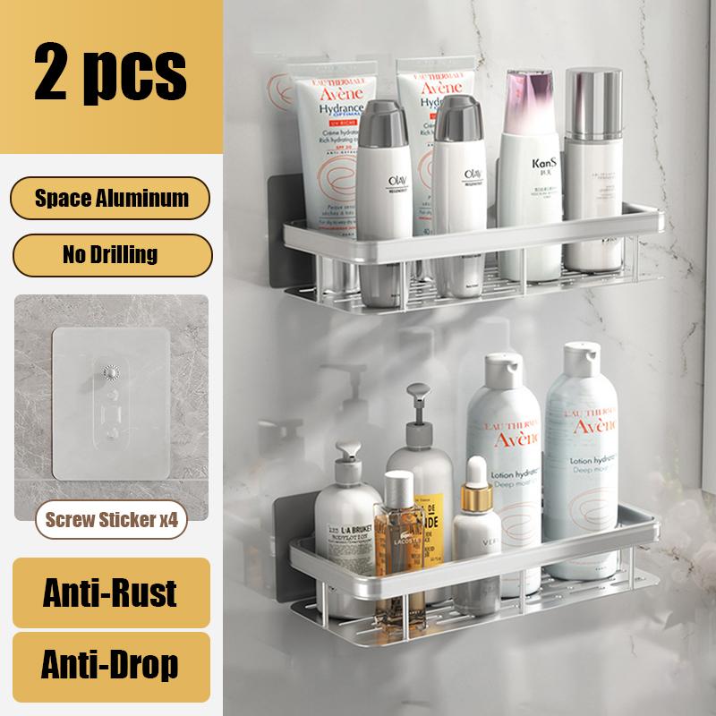 Aluminum Alloy Bathroom Shelf Shampoo Rack Shower Shelf No Drilling Wall Shelf Kitchen Storage Organizer