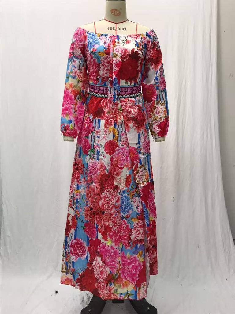 2025 V-Neck Retro Long Sleeve Printed Evening Dress - Spring/Summer Collection