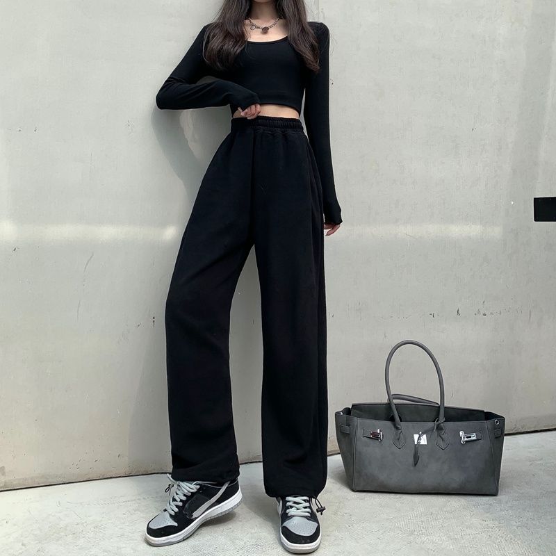 Серые бархатные повседневные брюки для женщин осенью и зимой, утепленные широкие брюки, свободные утягивающие спортивные брюки с высокой талией