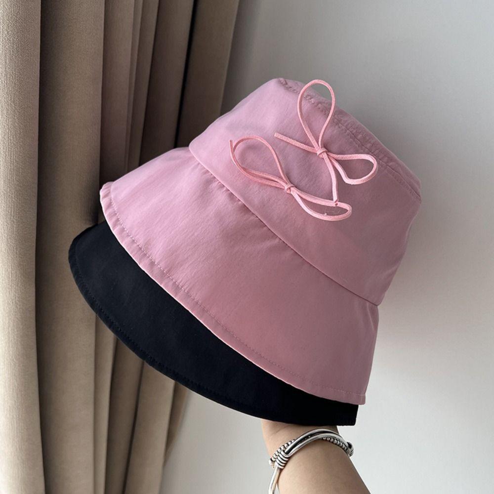 Wide Brim Bow Bucket Hat Sunscreen Canvas Basin Hat Camping Bowknot Fisherman Hat Camping