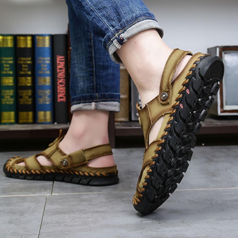 Летние мужские кожаные пляжные сандалии большого размера Мужские сандалии с закрытым носком