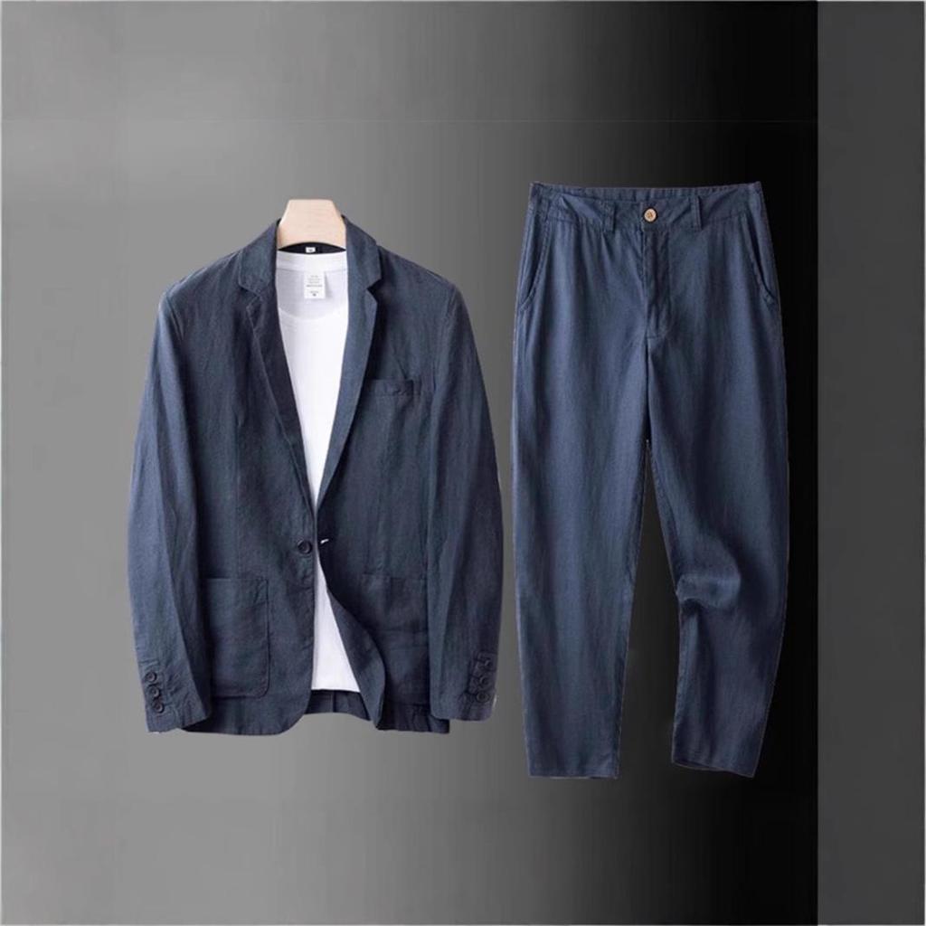 Мужской костюм из светло-серого льна, однобортный пиджак с подходящими брюками, повседневная деловая одежда