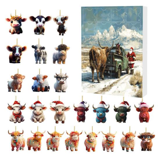 Highland Cow Ornaments Advent Calendar 2025 24 Days Christmas Countdown Calendar with Cartoon Cows Ornament for Xmas Tree Decor