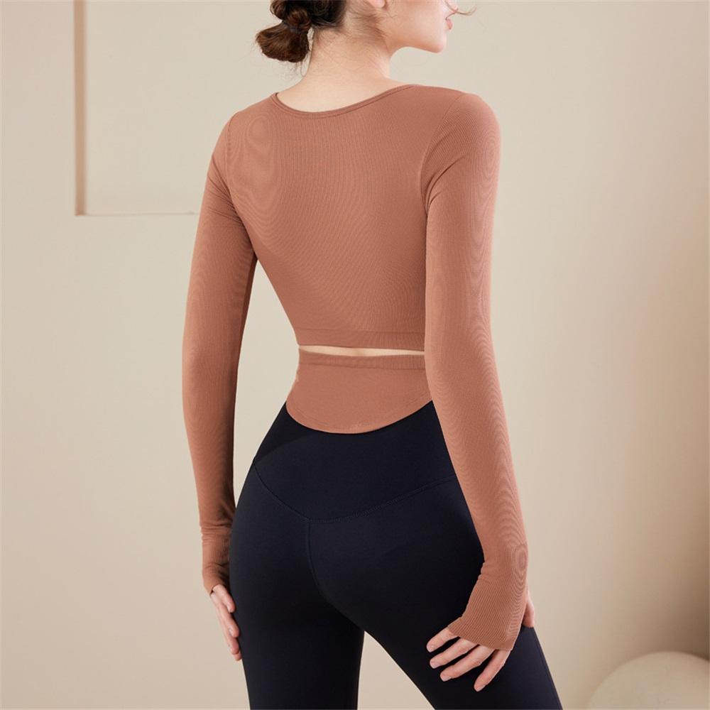 Ribbed Nude Slimming Yoga Suit Long Sleeved Women's Chest Cushion U-neck Outerwear Running Fitness Top
