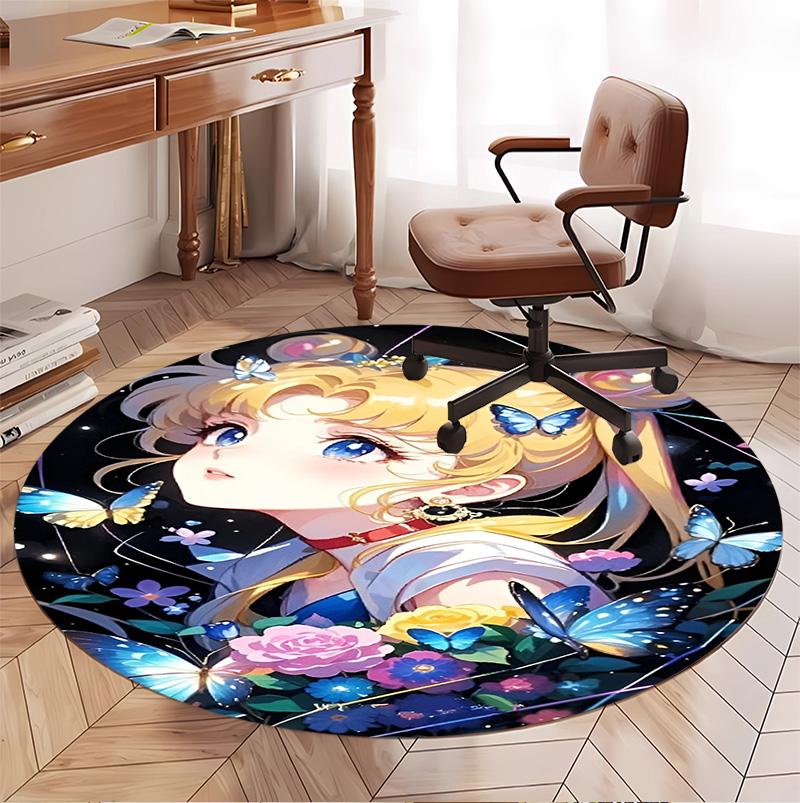 Sailor Moon Pattern Round Rug, Indoor/Outdoor Mat, for Picnic, Gameroom, Bedroom, Office, Living Room, Home Decor Carpet, Birthday Gift