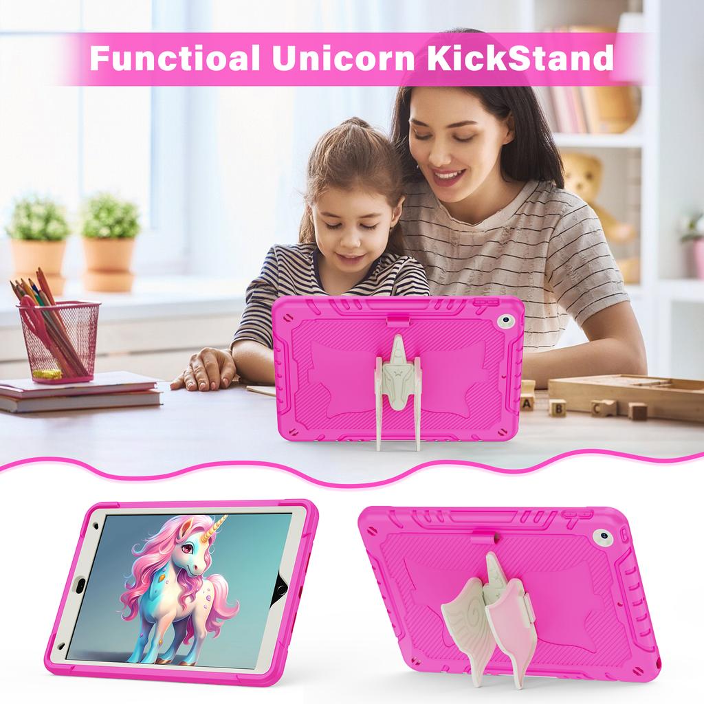 For iPad 10.2 (2021)/10.2 (2019)/10.2 (2020) Case Silicone+PC Drop-resistant Tablet Cover with Unicorn Kickstand