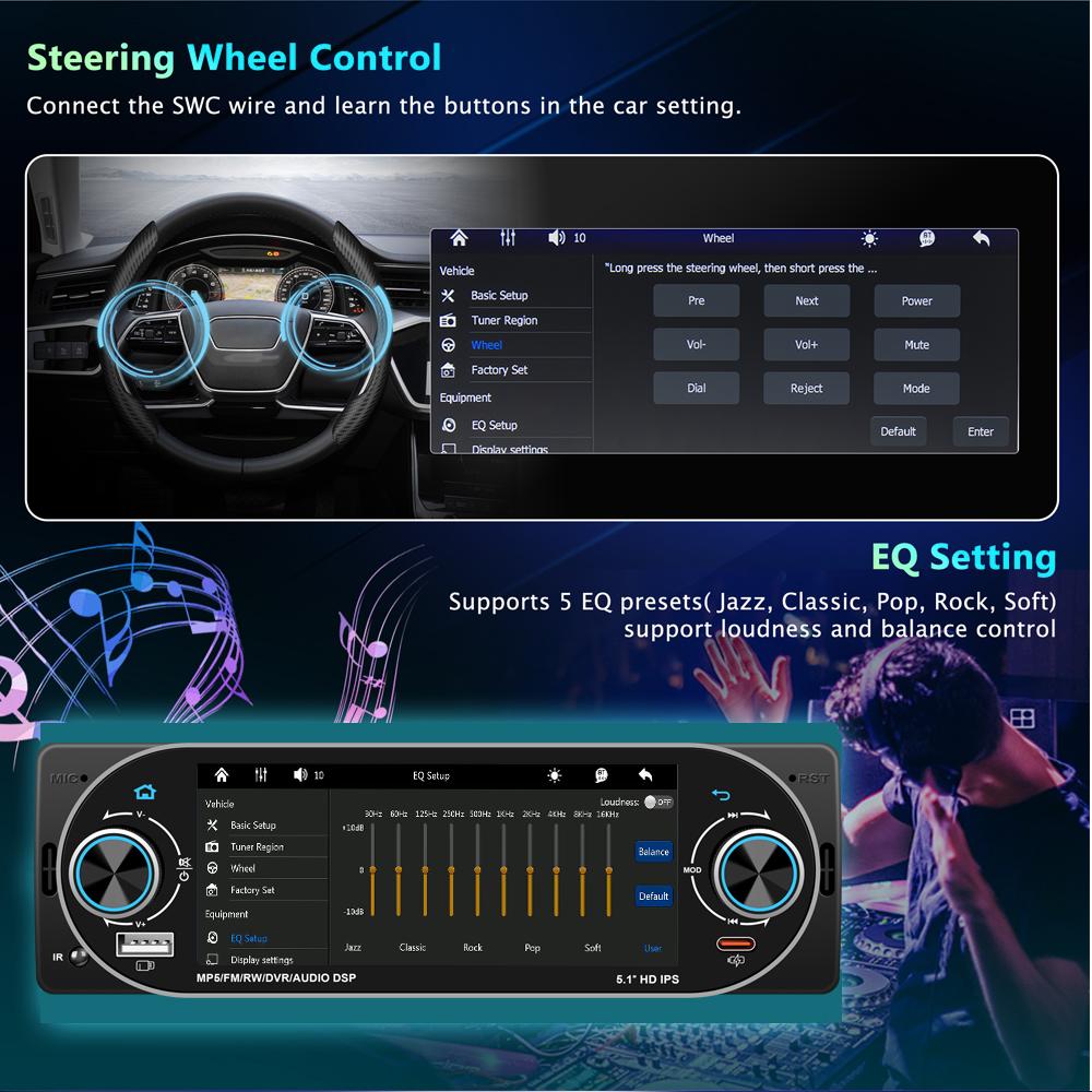 Универсальная 1DIN автомагнитола MP5 IPS HD Плеер с поддержкой беспроводного Carplay Android Auto Bluetooth FM AM RDS Стерео USB WIFI Видеоплеер 5,1-дюймовый цифровой дисплей