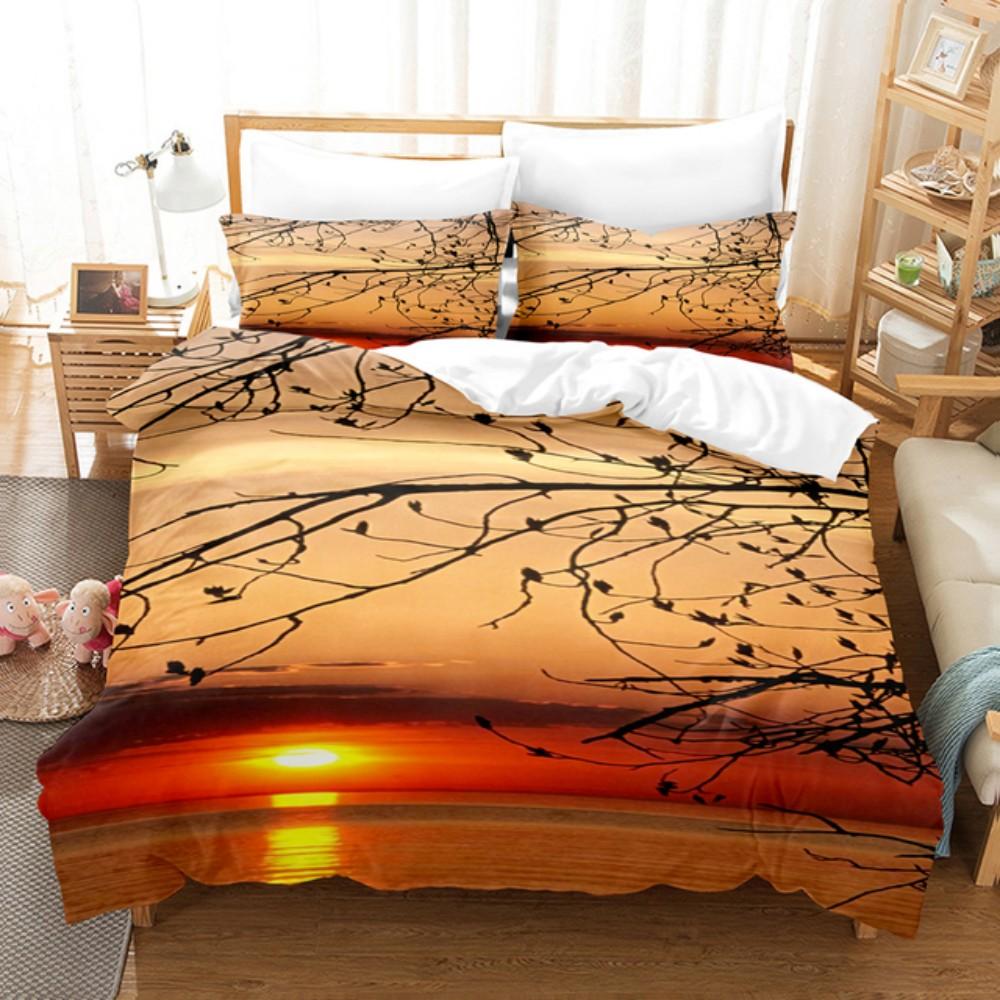 Sunset Seaside Palm Tree Bedding Set Breathable And Soft Machine-Washable 100% Polyester Duvet Cover Set For Home Decor