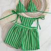 Stripes 3 in 1 Swimwear Set Lace Up Knitting Swimsuit Casual Bikini Bathing Suit  Beach