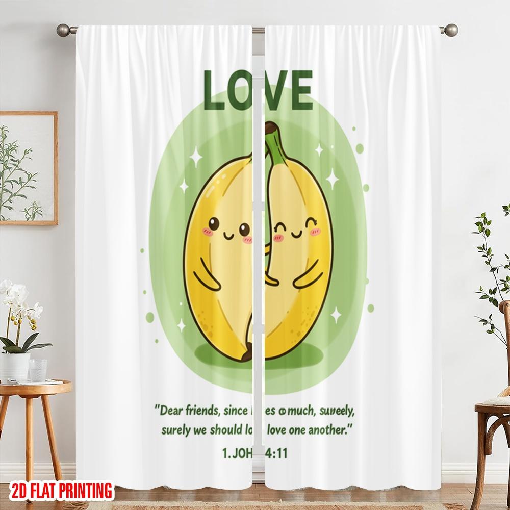 2pcs 2D Flat Printing Curtain Cute Banana Love Bible Verse 100% Polyester Fabric Without Electricity Party Decorations for