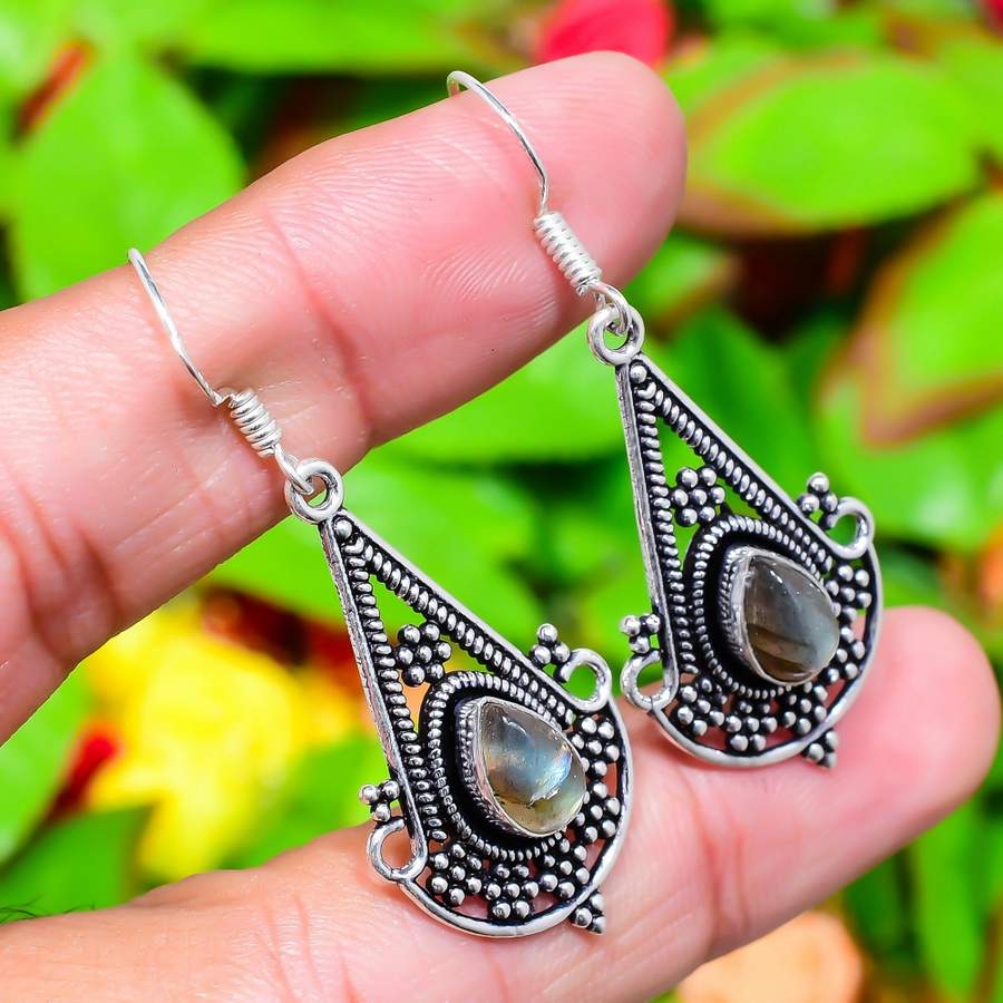 Лабрадорит Драгоценный камень 925 Стерлинговое серебро Подарок Ювелирное изделие Серьга 1,97"