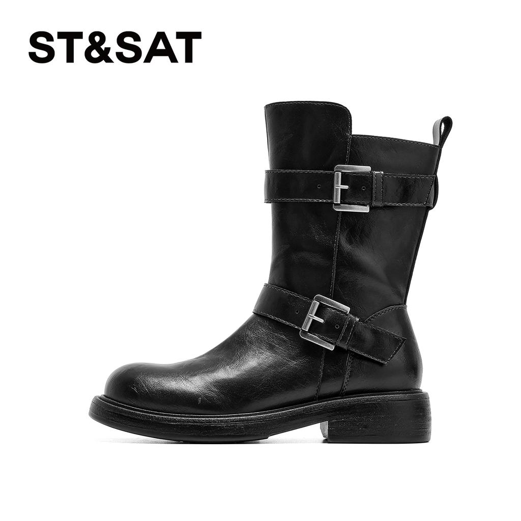 Saturday temperament Maillard boots children's 2025 autumn and winter new belt buckle round toe mid length boots European and American fashion boots