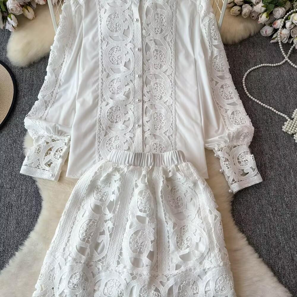 Spring Autumn Women Lace Patchwork Embroidery Designer Runway Outfits Fashion Single Breasted Shirt and Mini Short Skirt Two Piece Set