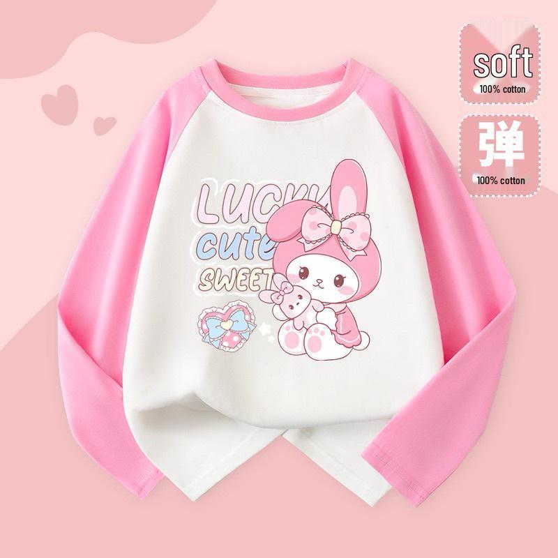 2025 Милая мультяшная футболка с длинным рукавом реглан в цветной блок для девочек